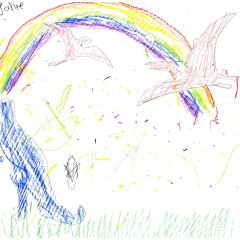 Thea - 2 Jahre. Ein Dinosaurier und ein Flugsaurier in der Natur mit Regenbogen im Hintergrund.