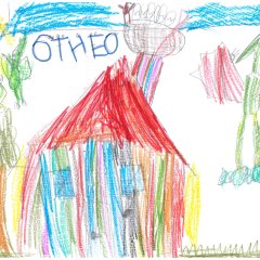 Theo - 6 Jahre. Flugsaurier neben einem bunten Haus.