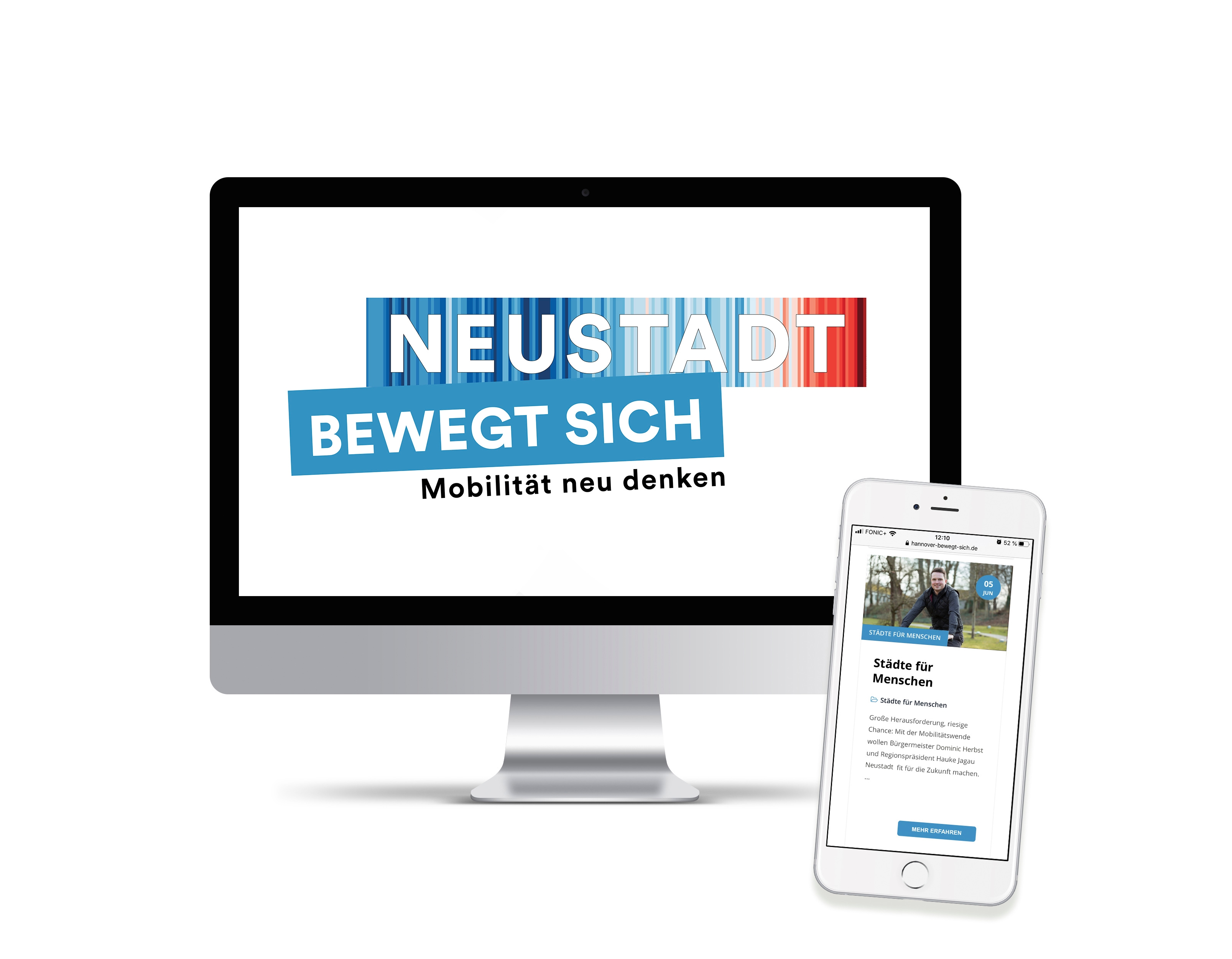 Grafik mit PC-Bildschrm und Handy mit Hinweis auf Medienkooperation Neustadt bewegt sich