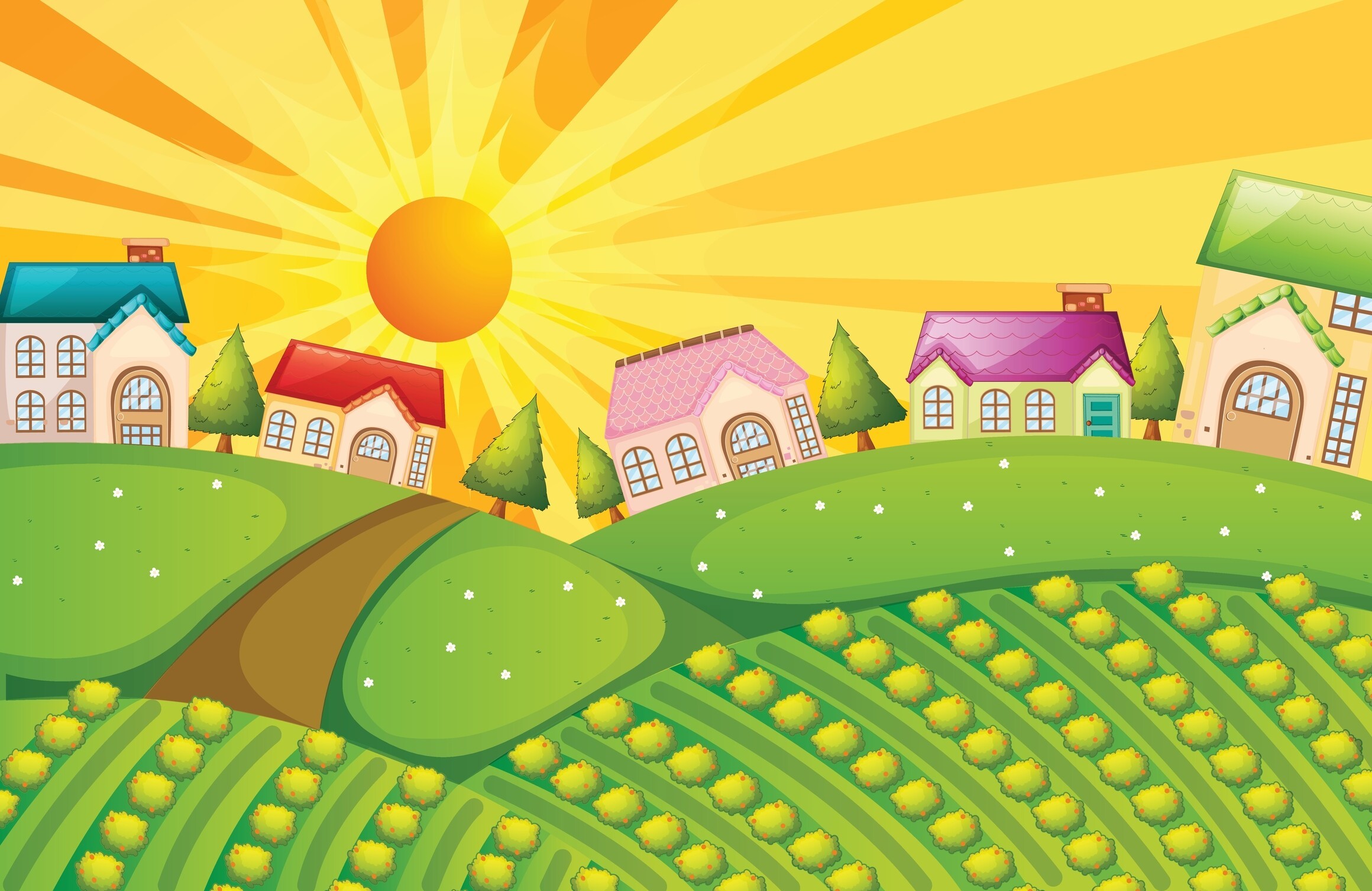 Grafik eines kleines DOrfes auf einem grünen Hügel, im Hintergrund scheint die Sonne
