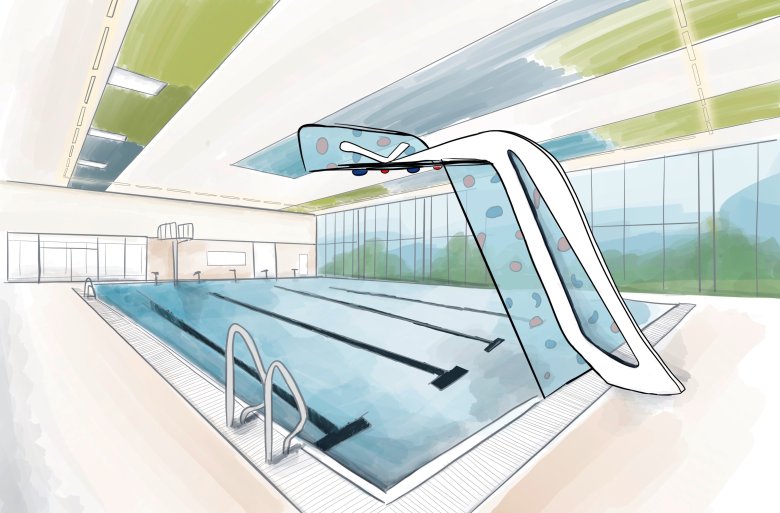 Illustration Kletterwand Balneon Zeichnung der Kletterwand im Balneon. Blick von hinten auf die Kletterwand und das Becken.