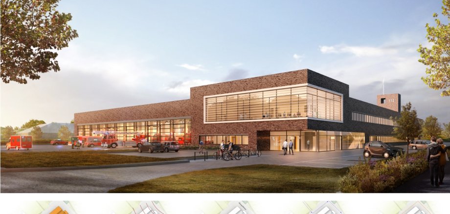 Visualisierung Neubau Feuerwehrzentrum Visualisierung Neubau Feuerwehrzentrum. Blick von der Nienburger Straße aus. Gebäude mit dunkelrotem Klinker und großen Glasfronten. Vor dem Haus stehen Feuerwehreinsatzfahrzeuge.