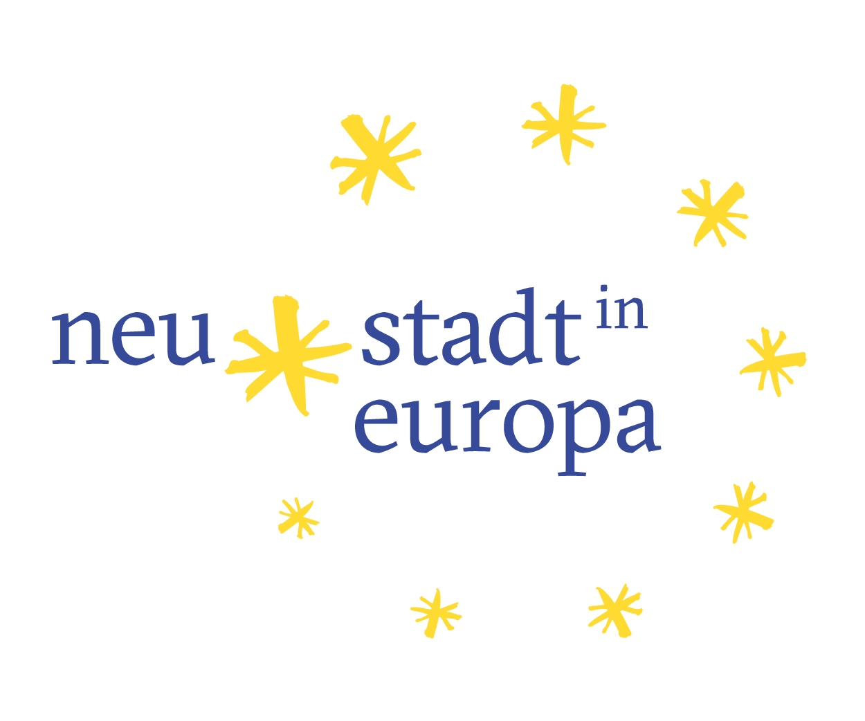 Logo Neustadt in Europa. gelbe Sterne im Kreis auf weißem Hintergrund. in blauer Schrift Neustadt in Europa