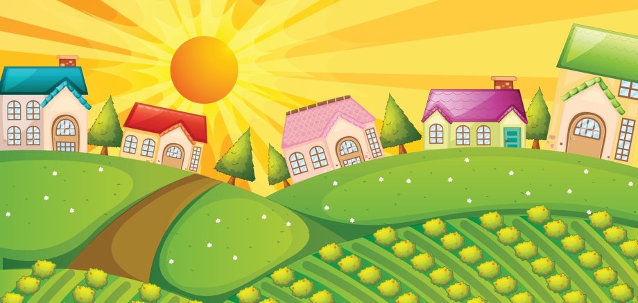 Symbolbild Dorf Grafik eines kleines DOrfes auf einem grünen Hügel, im Hintergrund scheint die Sonne