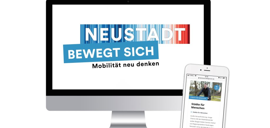 Grafik mit PC-Bildschrm und Handy mit Hinweis auf Medienkooperation Neustadt bewegt sich