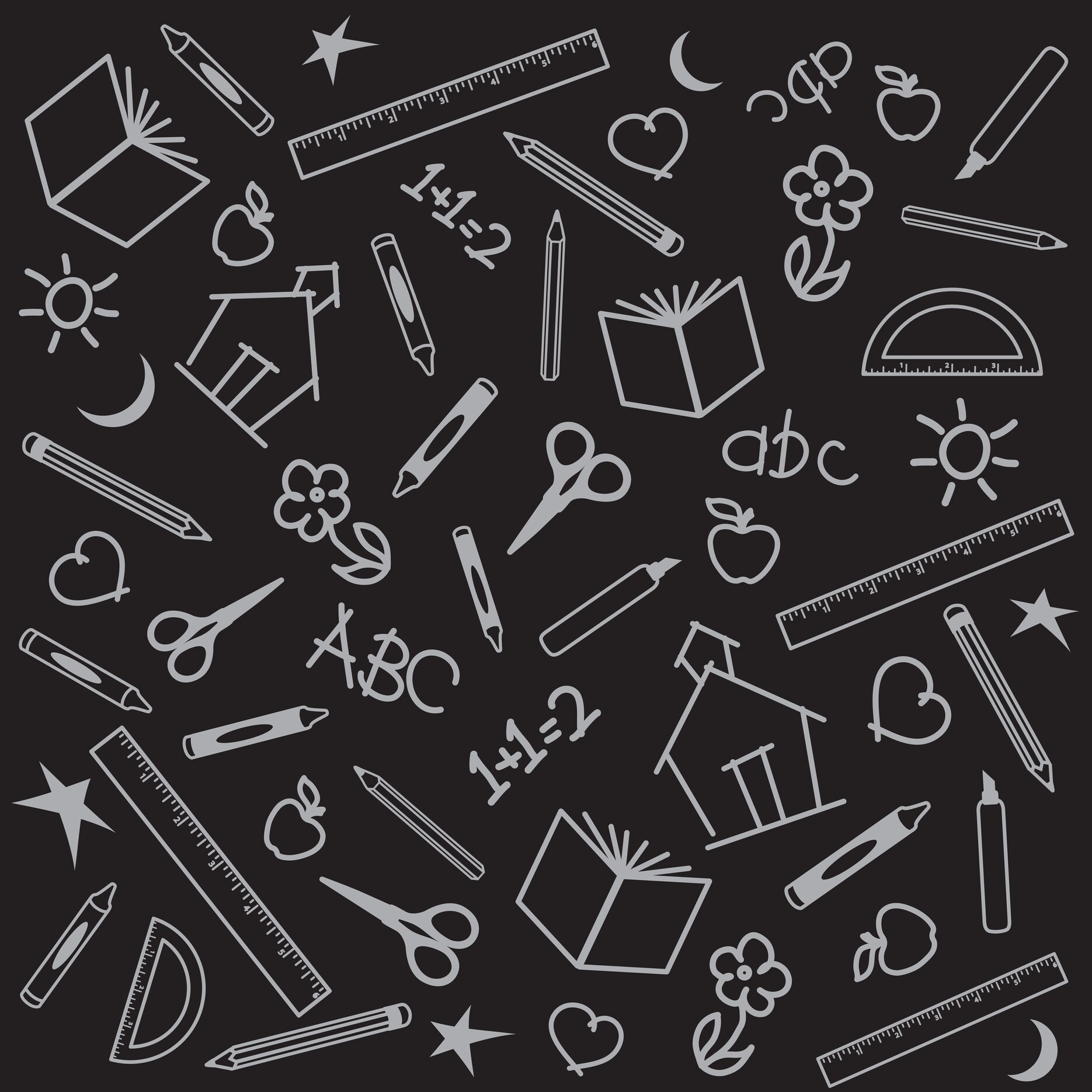 tafel mit Zeichnungen von Scheeren, Büchern, Linealen und dem Schriftzug abc