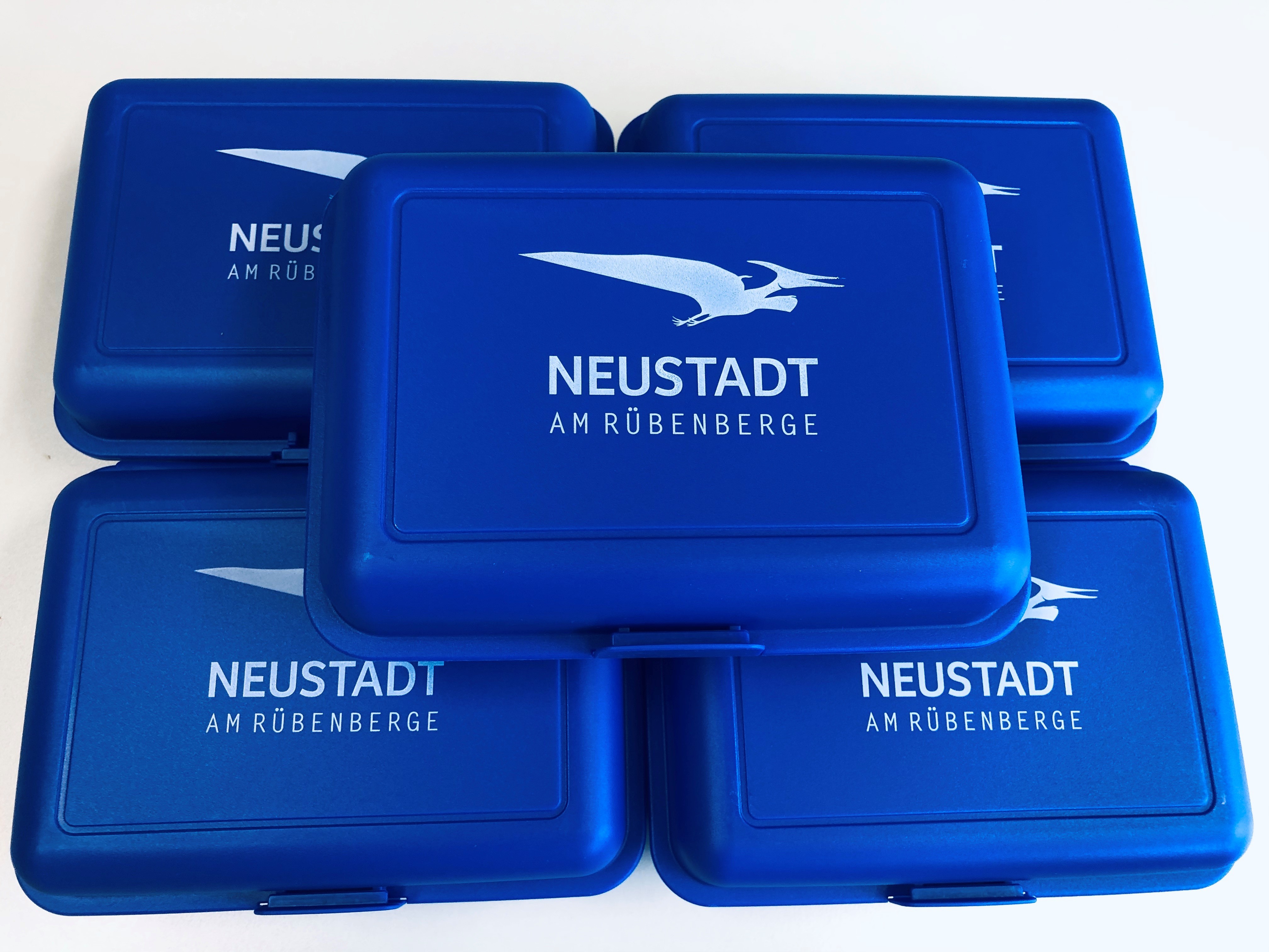 Stapel mit fünf blauen Brotdosen und dem Logo von Neustadt und Flugsauriern