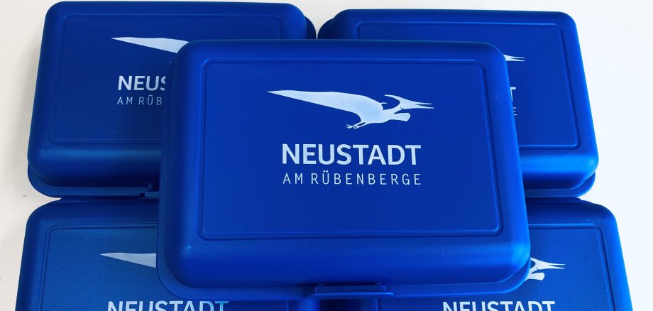 Stapel mit fünf blauen Brotdosen und dem Logo von Neustadt und Flugsauriern