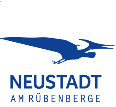 Blaues Logo der Stadt Neustadt, anstelle des Storchs ist ein Flugsaurier zu sehen