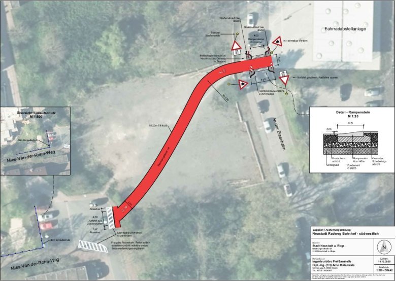 Planskizze des Areals westlich der Ban mit einem breite roten Streifen, der den neuen Radweg markiert.