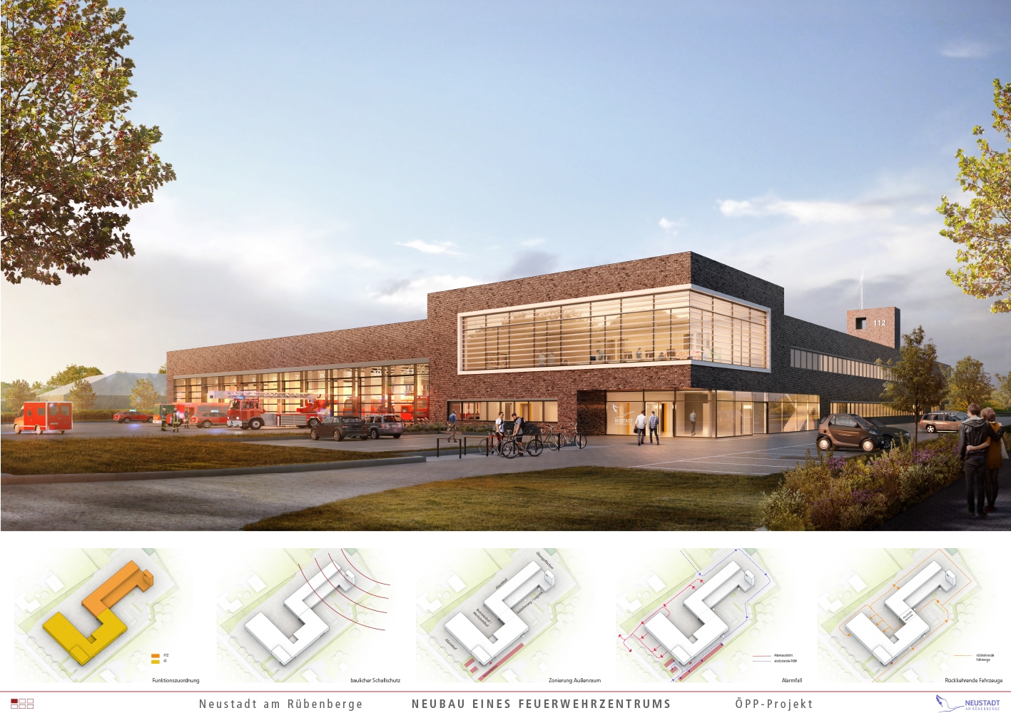 Visualisierung Neubau Feuerwehrzentrum. Blick von der Nienburger Straße aus. Gebäude mit dunkelrotem Klinker und großen Glasfronten. Vor dem Haus stehen Feuerwehreinsatzfahrzeuge.