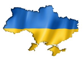 Symbolbild Ukraine kartografischer Umriss der Ukraine in den Landesfarben blau-gelb eingefärbt