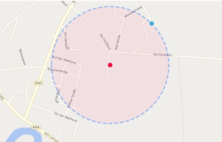 kartenausschnitt von Bordenau. Ein roter Kreis zeigt das Evakuierungsgebiet.