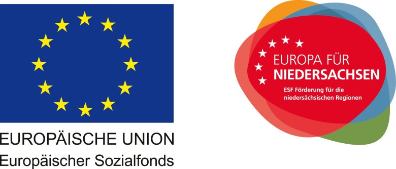 Links die Flagge der EU, darunter in schwarzer Schrift der Text Europäische Union und darunter der Text Europäischer Sozialfonds. Rechts davon das Logo Europa für Niedersachsen.