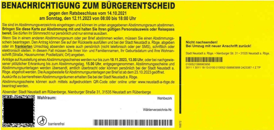 Gelbe BVenachrichtigungskarte zum Bürgerentscheid gegen des Ratsbeschluss vom 14.10.2021 am Sonntag, den 12.11.2ß23 von 8 bis 18 Uhr