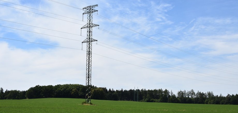 Aufnahme eines Strommasten mit Oberleitung im ländlichen Raum auf einer grünen Wiese