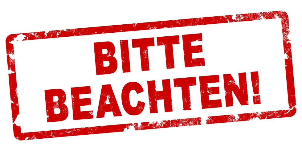 Symbolbild Achtung Hinweis roter Stempel auf weißem Grund mi der Aufschrift Bitte beachten