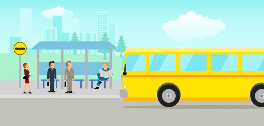 Menschen warten an Bushaltestelle Eine Grafik zeigt Menschen, die an einer Bushaltestelle auf einen Bus warten