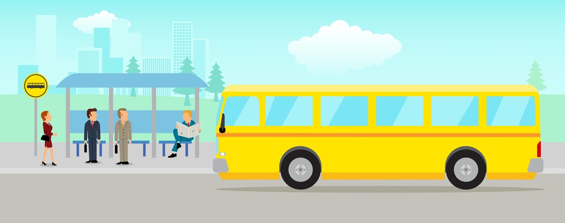 Eine Grafik zeigt Menschen, die an einer Bushaltestelle auf einen Bus warten