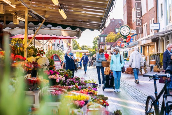 Markt in Neustadt zu sehen ist der Markt in der Neustädter Fußgängerzone, Marktstände und Besucher