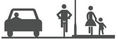 Schwarze Piktogramme von Auto, Radfahrenden und Fußgängern nebeneinander auf weißem Hintergrund