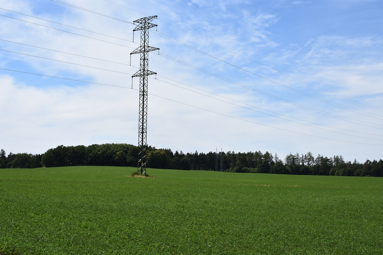 Aufnahme eines Strommasten mit Oberleitung im ländlichen Raum auf einer grünen Wiese
