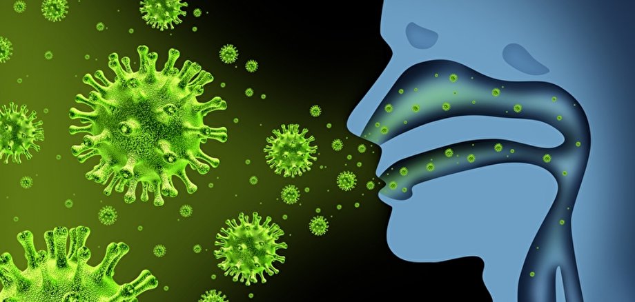 Grafik mit einem menschlichen Kopf im Profil, der Viren ausatmet.