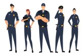 Zeichnung von fünf freundlich lächelnden Polizeibeamtinnen und -beamten in blauen Uniformen.