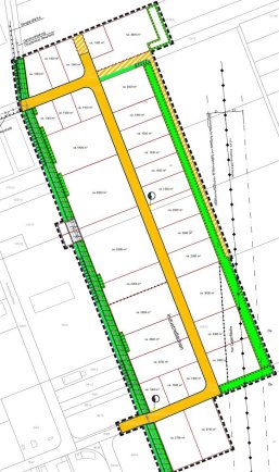 Parzellierungsentwurf B-Plan Nr. 128 K, Gewerbegebiet Ost Eine Planskizze mit Einzeichnung des Straßenverlaufs sowie der voraussichtlichen Grundstücksgrenzen