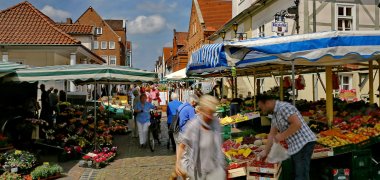 Gut gefüllte Wochenmarktstände mit Obst udn Gemüse, sowie Blumen, dazwischen laufen Wochenmarktkunden