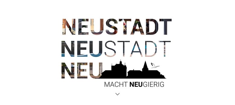 Logo mit Neustadt-Schriftzug und Stadtsilouette hinterlegt mit Fotografien der Innenstadt